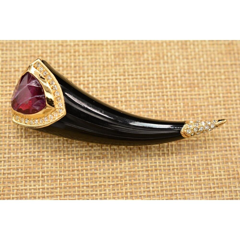 Christian Dior Vintage Horn Pin Brooch Black Cat Eye Red Crystal Signed 80s Bin1